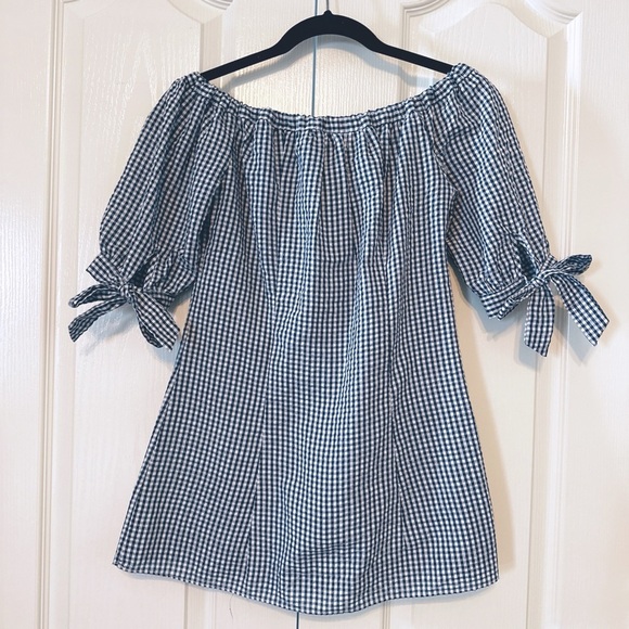 Pixie Market Gingham Check Women’s Off Shoulder Long Top Size Small - Picture 2 of 10